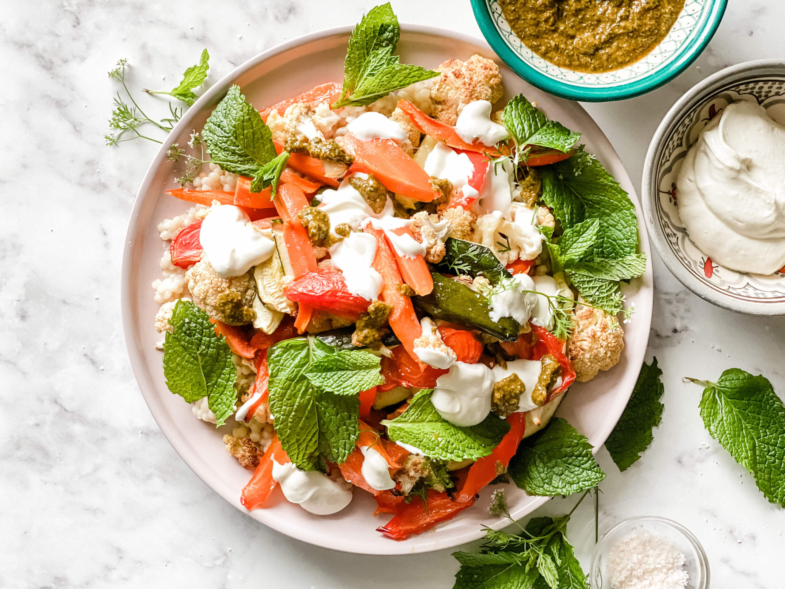 , Slow roasted vegetables with minty chermoula and pearl couscous