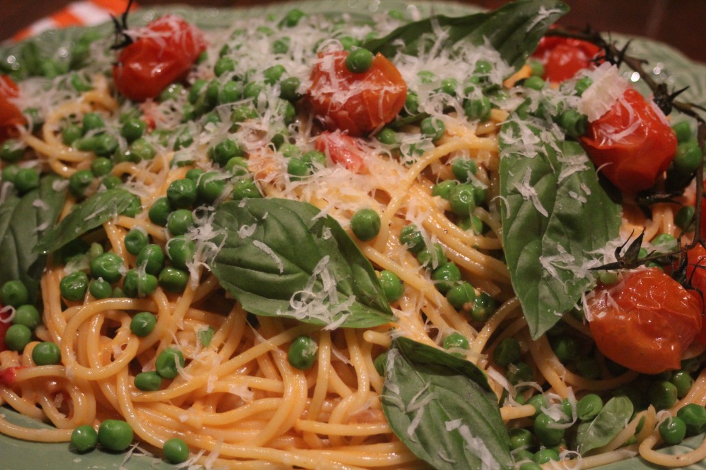 , Spaghetti with roast tomatoes, peas and a Gruyere and Parmesan cheese sauce