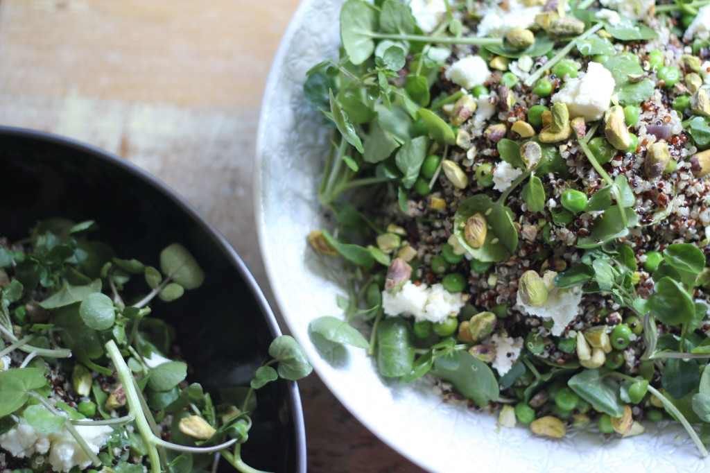 , Quinoa salad with peas, watercress and homemade basil oil