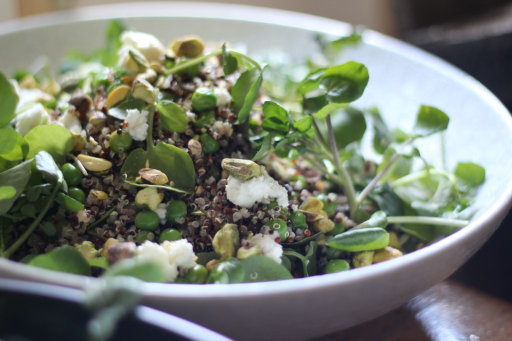 , Quinoa salad with peas, watercress and homemade basil oil