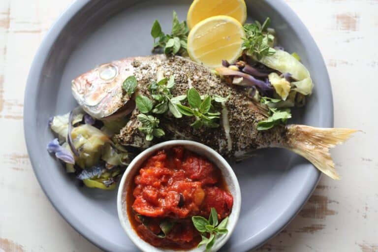 Whole baked snapper with Italian pepperonata