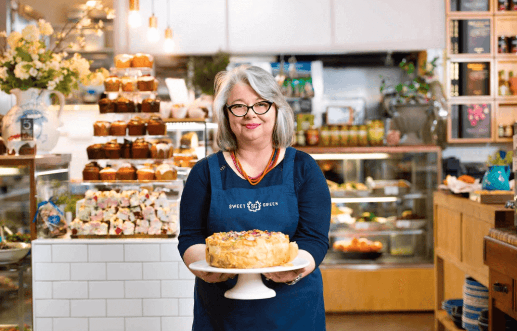 Kathy Tsaples at her shop, Sweet Greek.