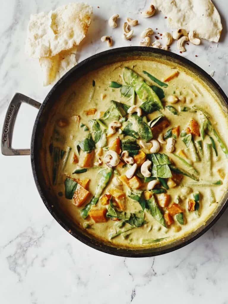 Pumpkin sweet potato green bean and spinach curry
