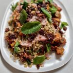 brown rice salad with roasted sweet potato and pickled shallots