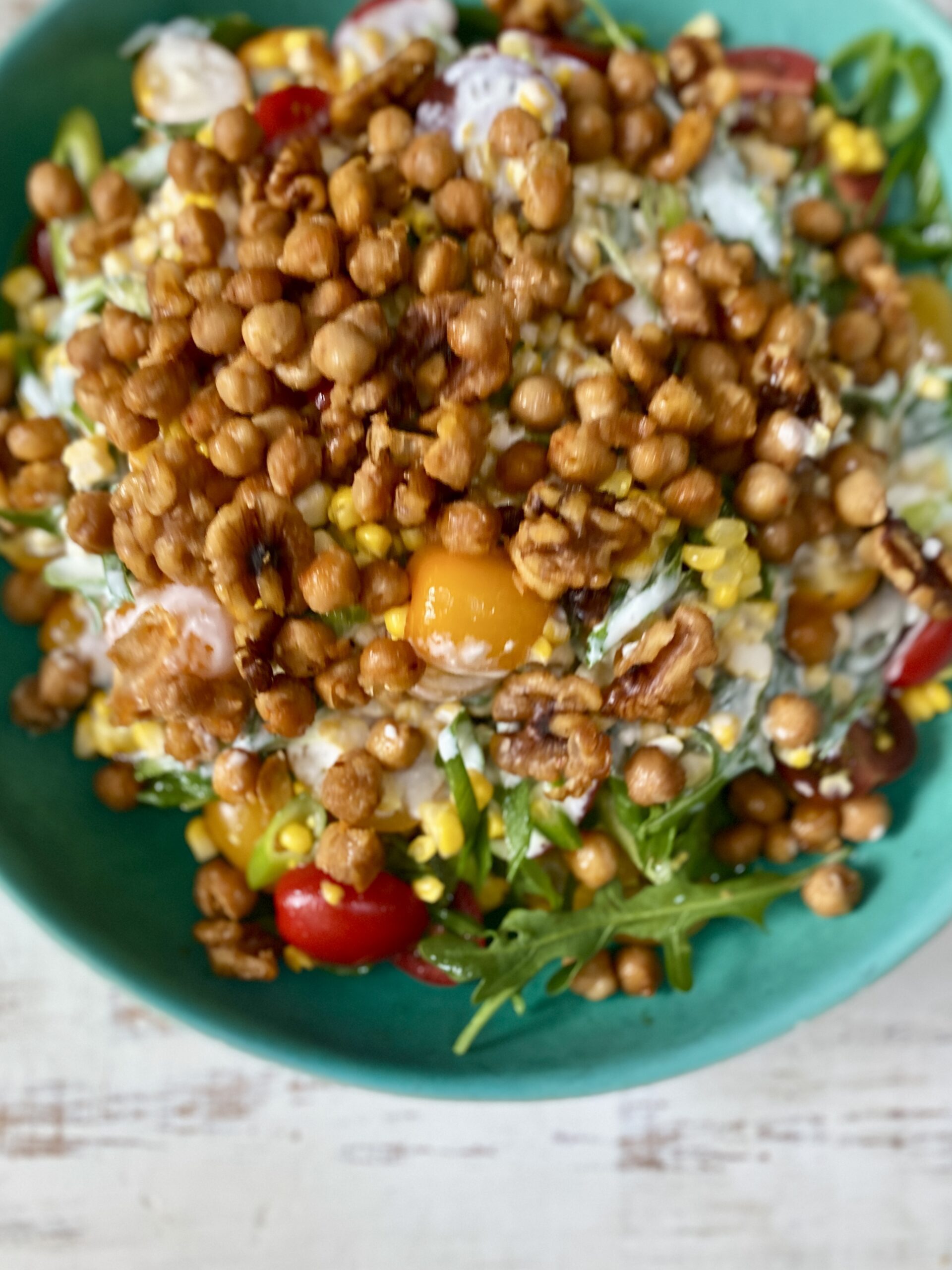 Corn and golden chickpea salad, Corn and Golden Chickpea salad with lime creamy dressing