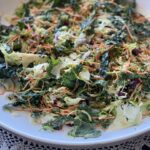 Shaved Brocolli and Brussels sprout salad with creamy tahini dressing