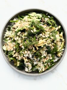 Poached Chicken Quinoa Salad with Charred Broccoli & Lemon Mustard Dressing