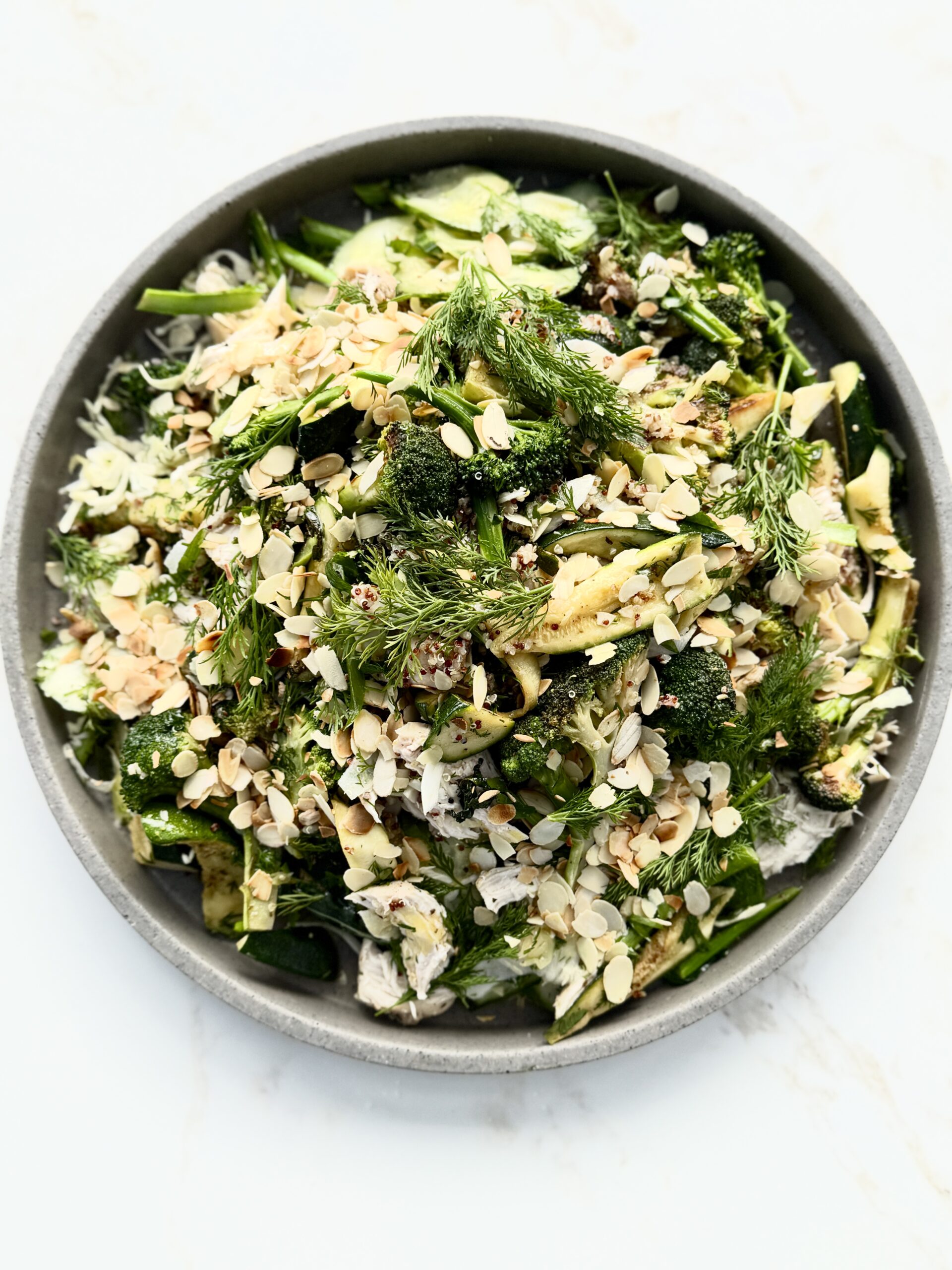 Poached Chicken Quinoa Salad with Charred Broccoli & Lemon Mustard Dressing