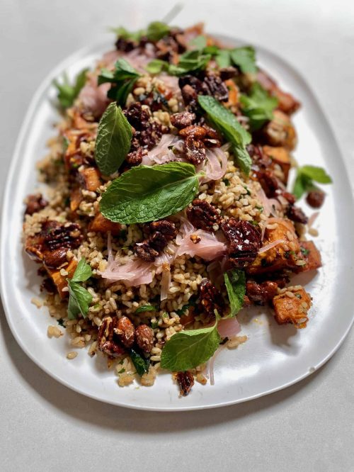 brown rice salad with roasted sweet potato and pickled shallots