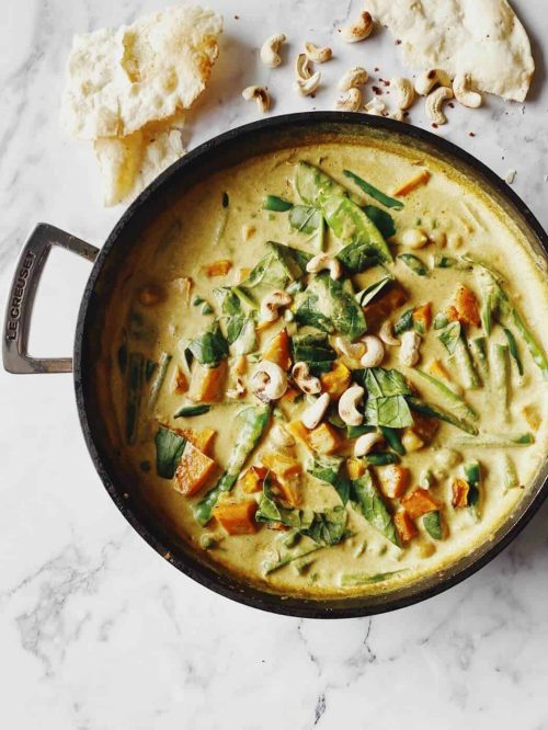 Pumpkin sweet potato green bean and spinach curry
